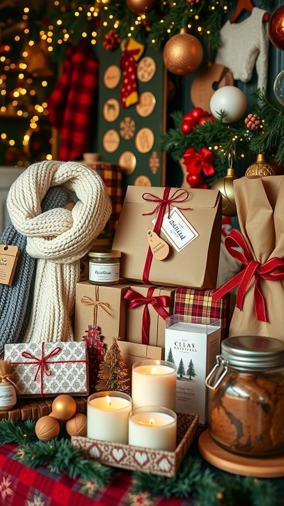 A collection of handmade Christmas gifts including scarves, candles, and cookies on a festive table.